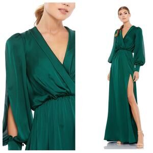 NWT MAC DUGGAL 49146 Deep Green Bishop Sleeve Faux Wrap Maxi Gown Women’s